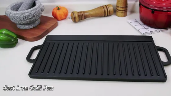 Plaque de cuisson réversible à double brûleur en fonte pré-assaisonnée, taille : 43 x 23 cm.